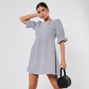 GREY OVERSIZED CORD FRILL SLEEVE SMOCK DRESS